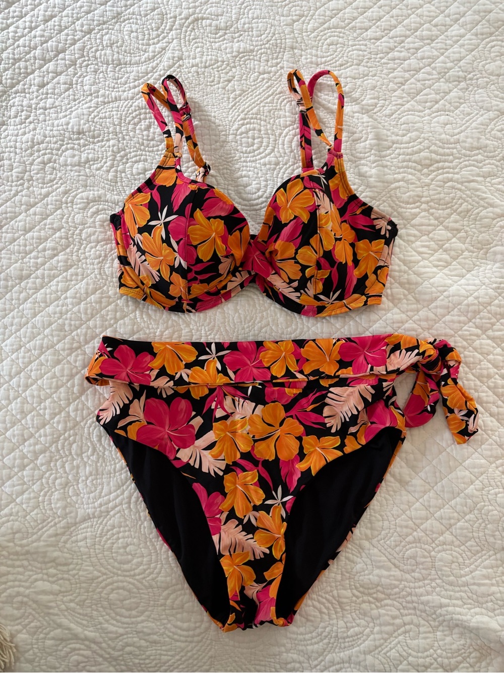 Birdsong Floral Underwire Bikini Set in Black with Pink & Orange Blossoms